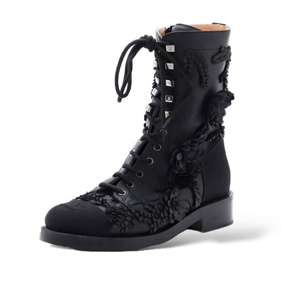 CHANEL Camellia CC Cap Toe Combat Boots & Leather Embellishments | US8 | IT38 | - Picture 1 of 10